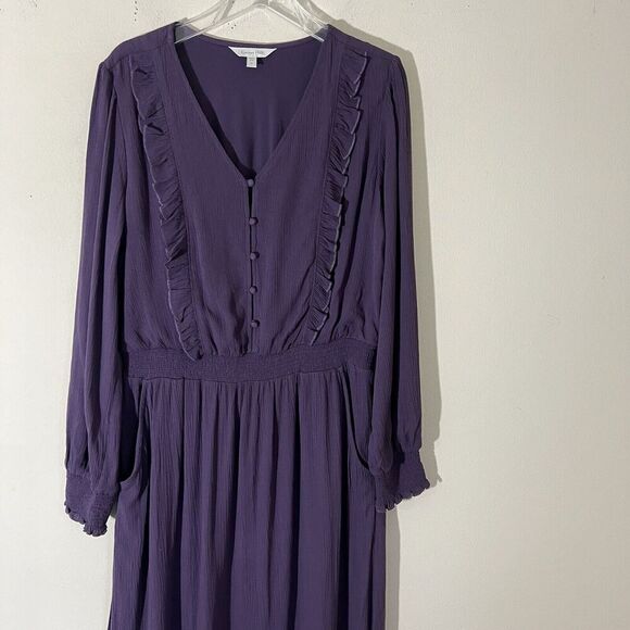 Garnet Hill Ruffle Crêpe Dress Maxi Plum Purple Longsleeve Pocket Peasant M New - Picture 4 of 12